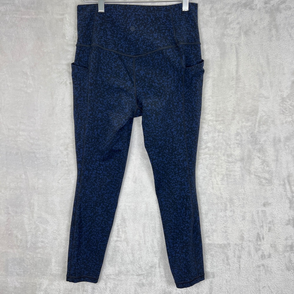 Athleta Salutation Stash Pocket Tight Blue Black Leopard Print Leggings Size M - Picture 2 of 11